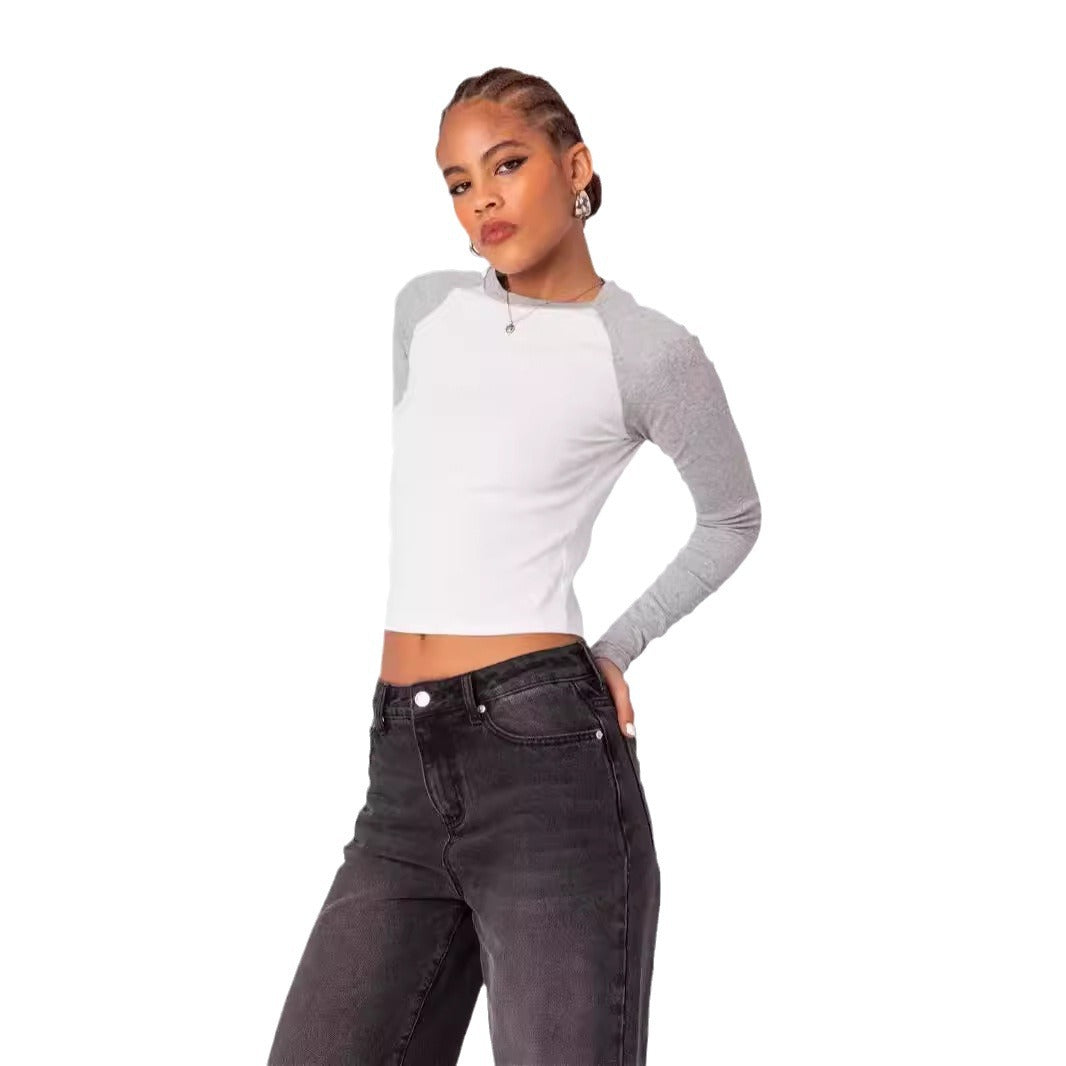 Damen Langarmshirt mit Kontrastärmeln und figurbetontem Schnitt EB