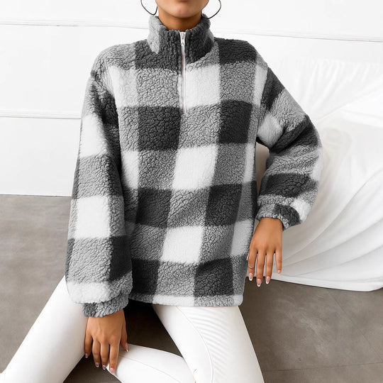 Damen nan kariertes Teddy-Fleece Pullover mit Stehkragen und halbhohem Reißverschluss EB
