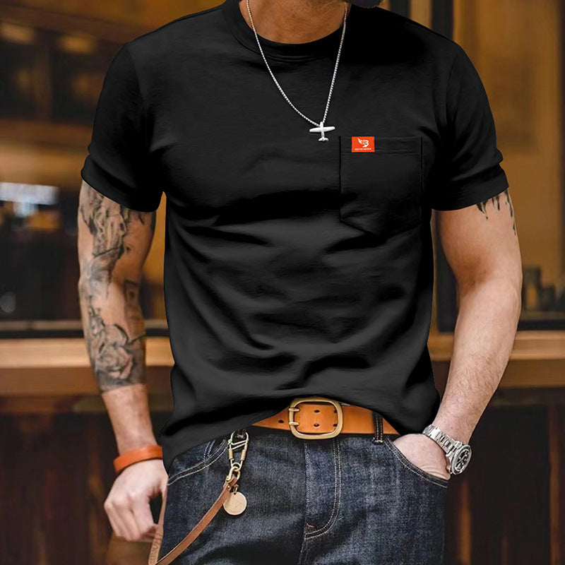 Herren klassisches Kurzarm T-Shirt mit Brusttasche aus hochwertiger Baumwolle EB