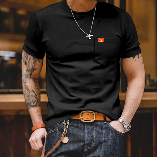 Herren klassisches Kurzarm T-Shirt mit Brusttasche aus hochwertiger Baumwolle EB
