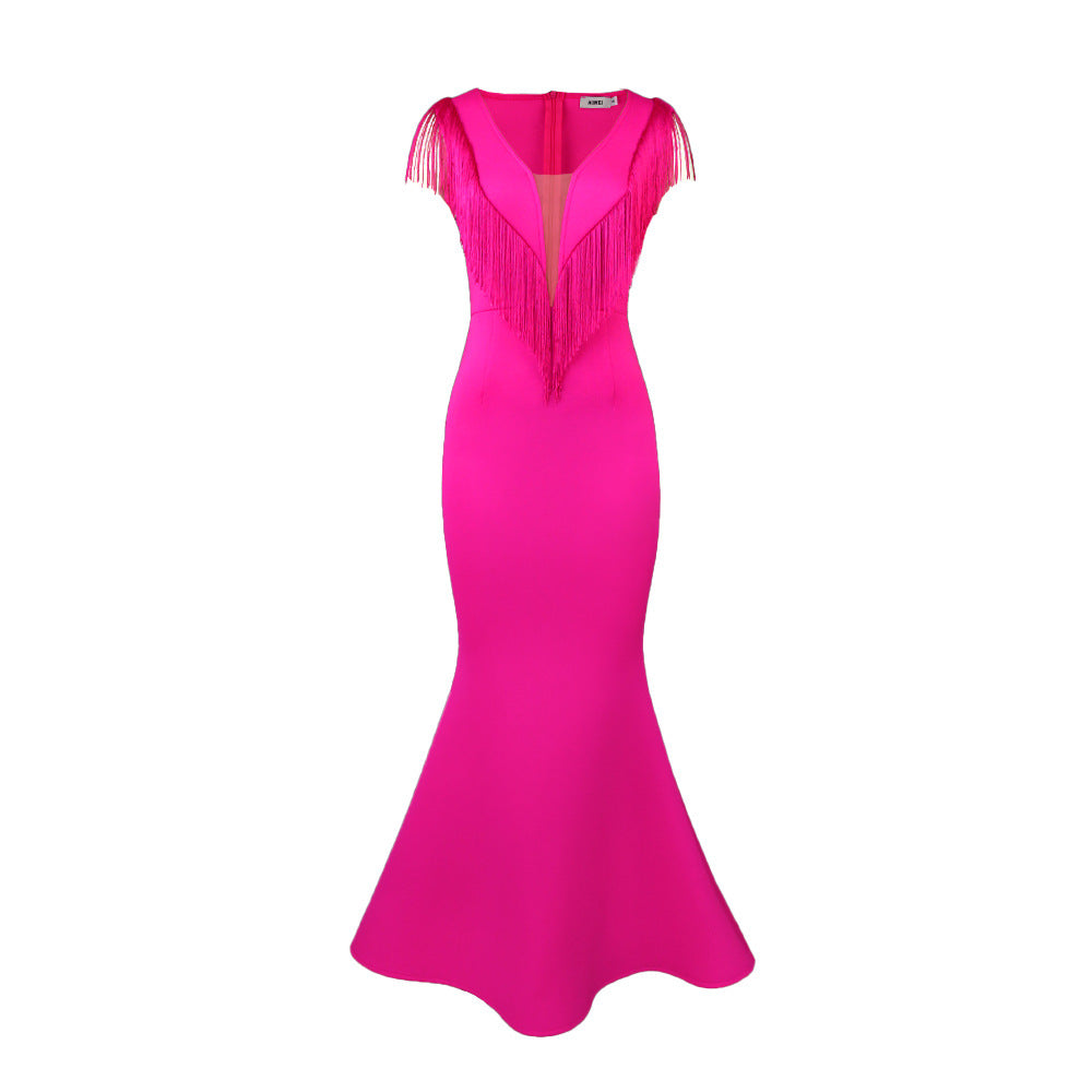 Damen Abendkleid mit schimmernden Fransen und tiefem V-Ausschnitt EB