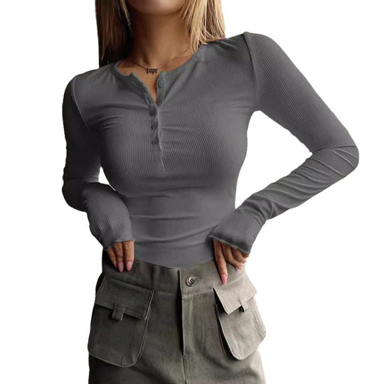 Damen Langarmshirt mit Knopfleiste und feiner Rippstruktur EB