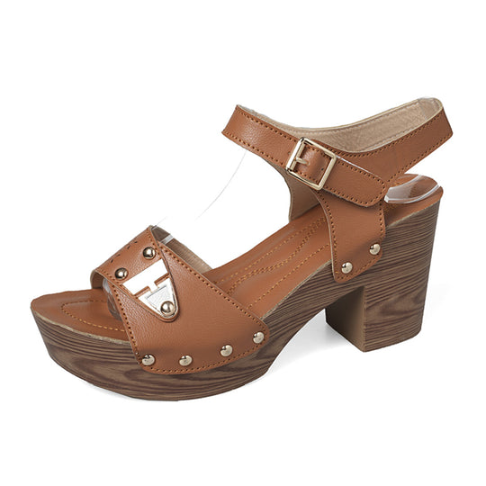 Damen Wedge-Sandalen mit dekorativer Schnalle und moderner Holz-Optik EB