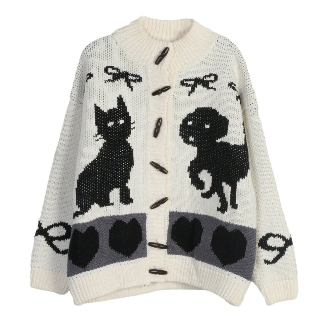 Damen Strickjacke mit verspielten Tiermotiven und Knopfdetaillierung EB