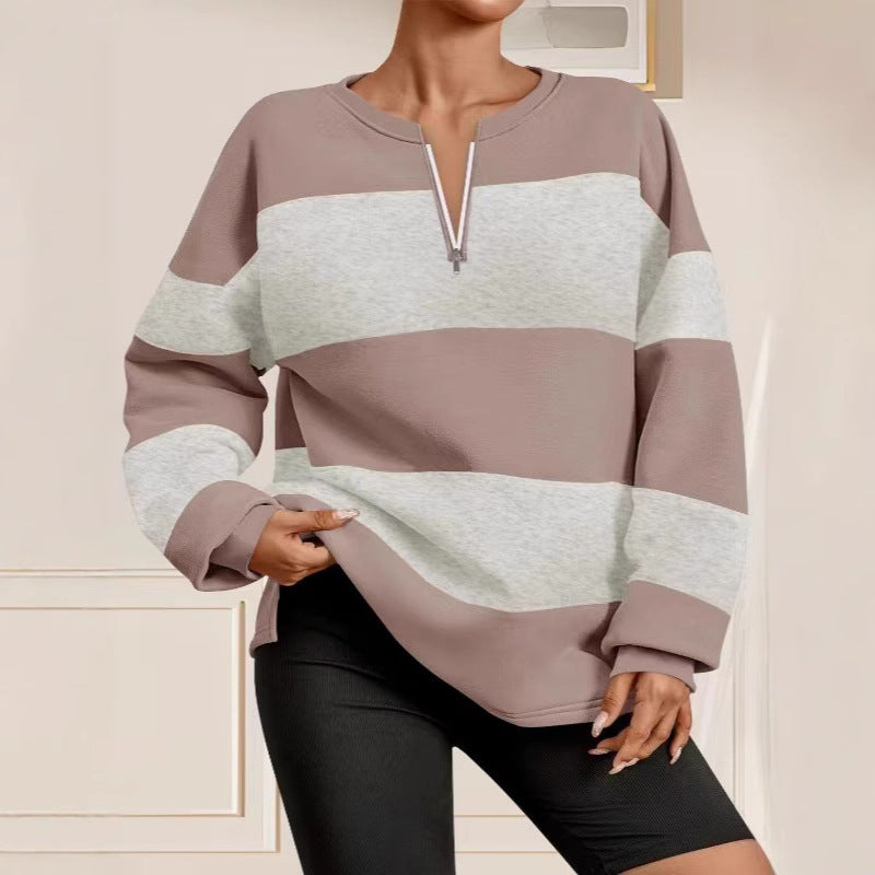 Damen modischer Sweatpullover mit Reißverschluss und gestreiftem Design EB