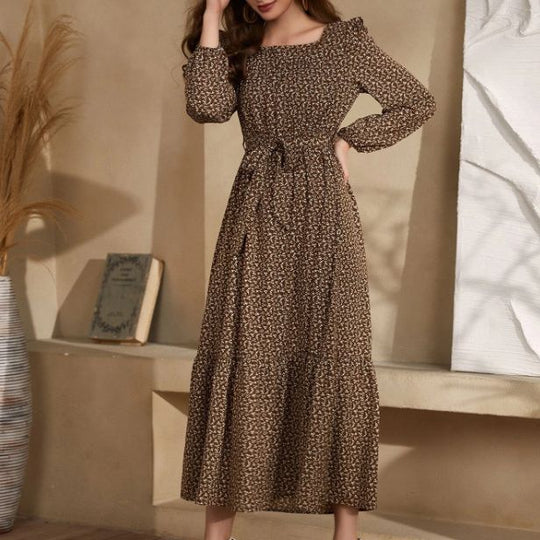 Damen Maxikleid im Boho-Stil mit weitem Rock und Taillengürtel EB