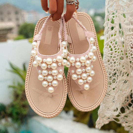 Damen elegante Zehentrenner-Sandalen mit Perl-Details EB
