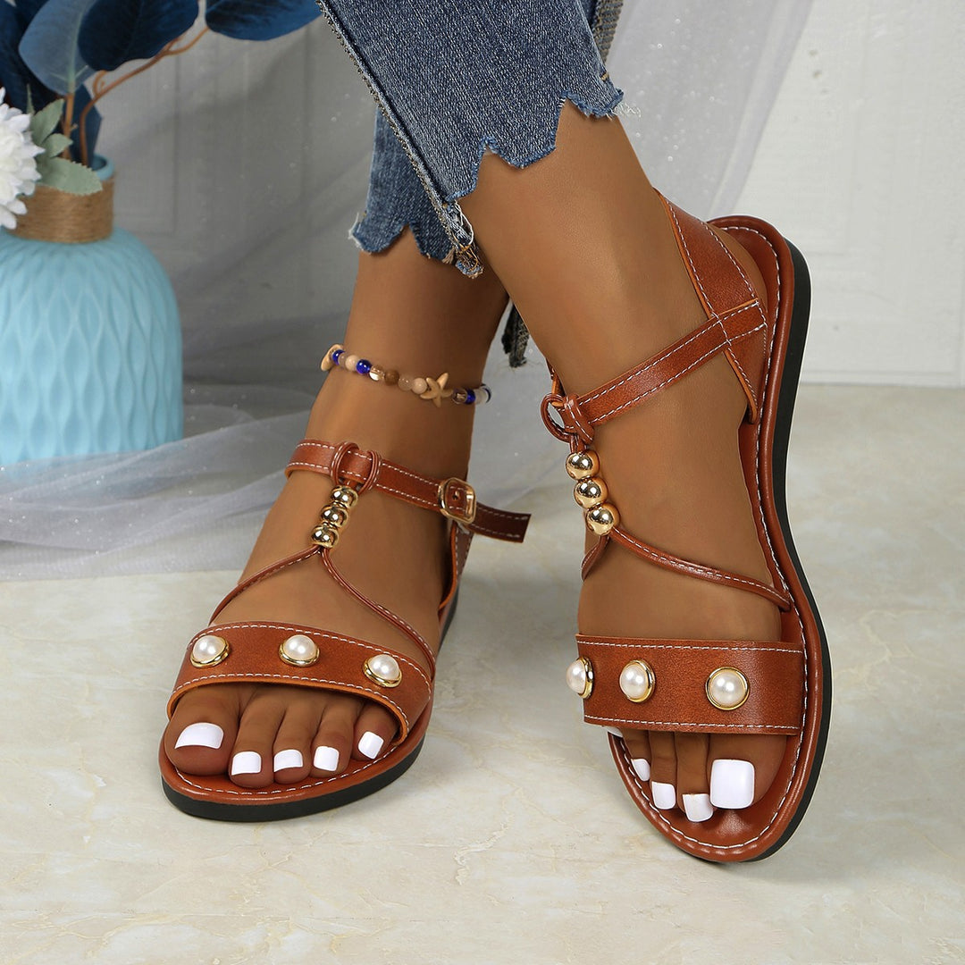 Damen Sandalen mit modischen Perlenapplikationen und verstellbarem Riemendesign EB