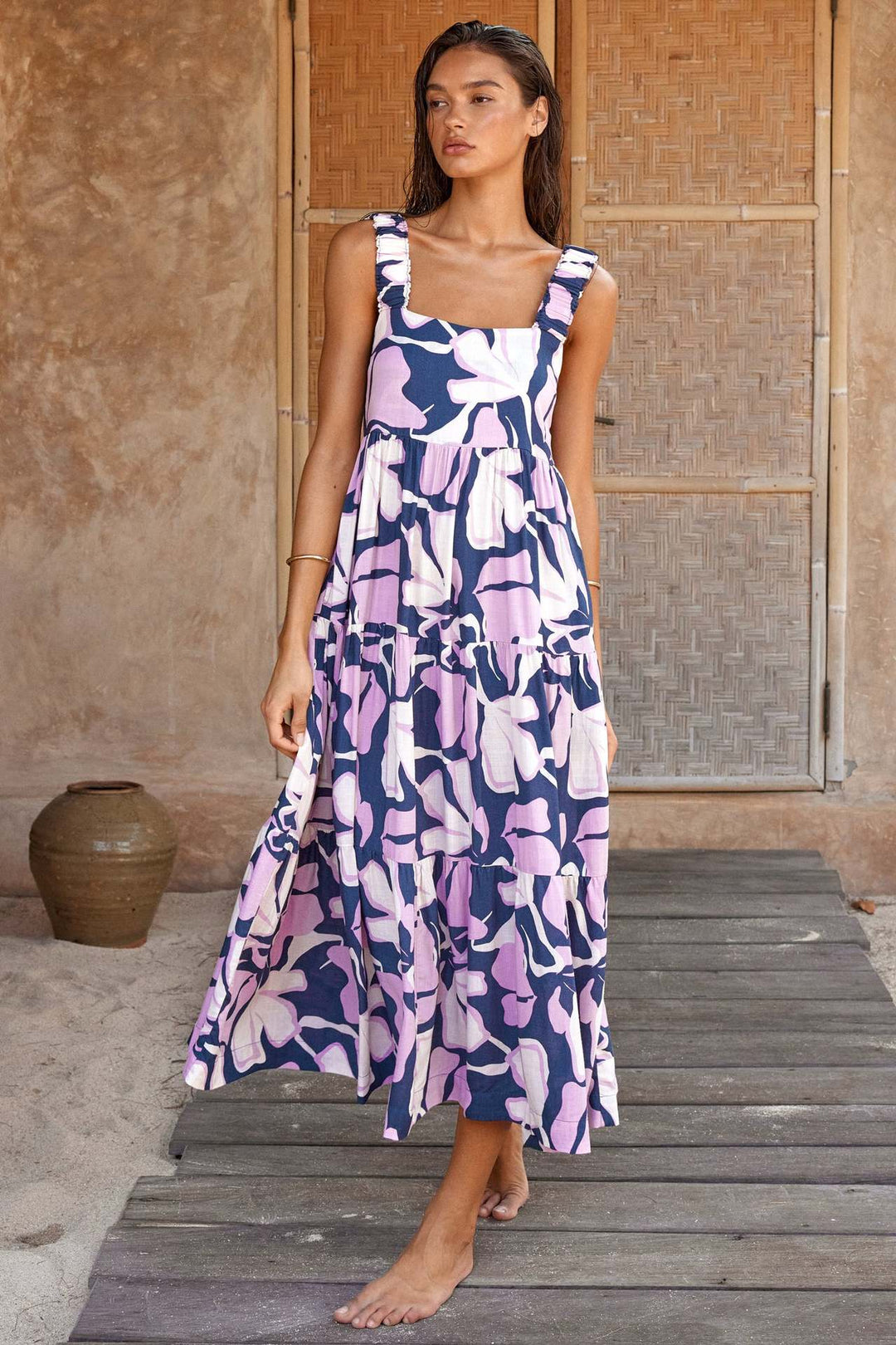 Damen Maxikleid mit elastischen Trägern und fließendem Rock EB