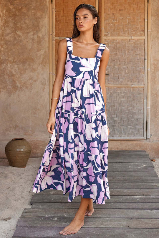 Damen Maxikleid mit elastischen Trägern und fließendem Rock EB