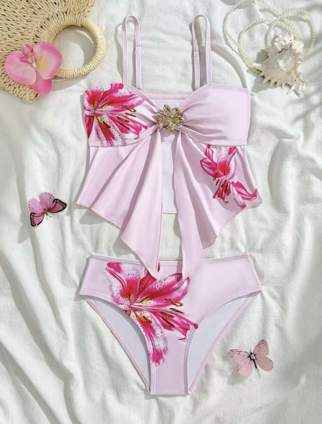 Damen Bikini-Set mit floralem Wickeldetail und eleganter Blütenapplikation EB