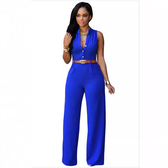 Damen Eleganter Jumpsuit mit Gürtel und Knopfdetail EB