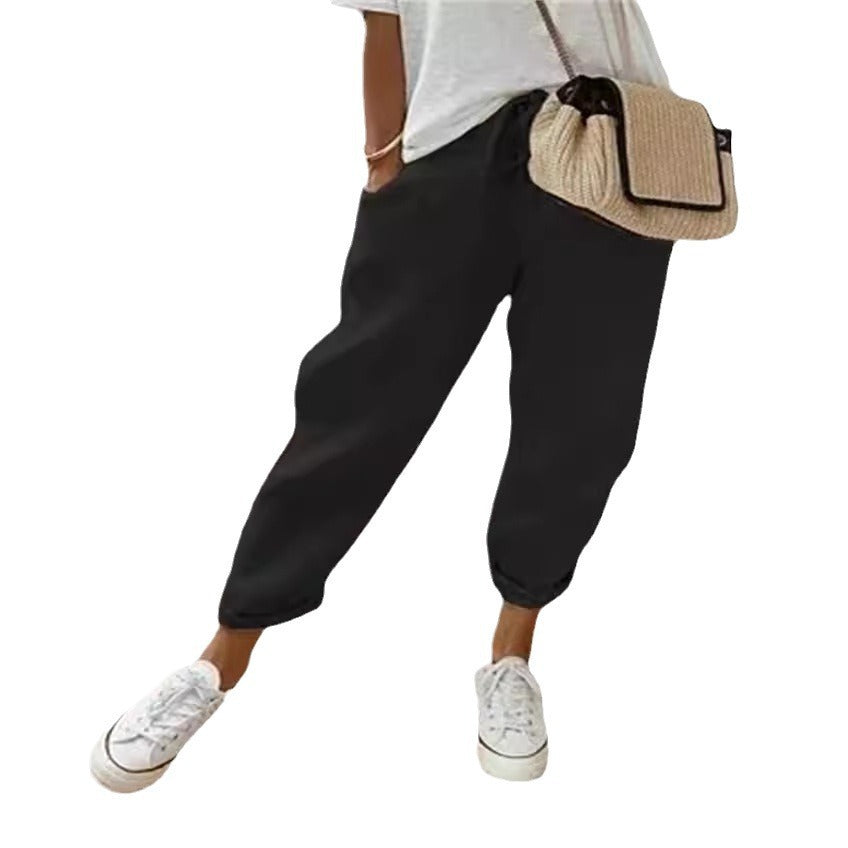 Damen nan legerer Leinen-Jogger mit Kordelzug, Eingrifftaschen und umgeschlagenem Saum EB