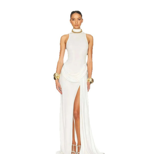 Damen langes Abendkleid mit elegantem Wasserfallausschnitt und tiefem Schlitz EB