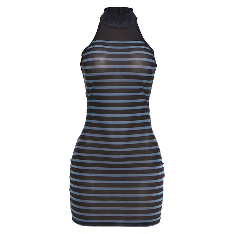 Damen figurbetontes Kleid mit transparenten Streifen und hochgeschlossenem Kragen EB