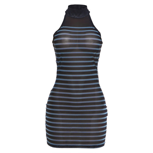 Damen figurbetontes Kleid mit transparenten Streifen und hochgeschlossenem Kragen EB