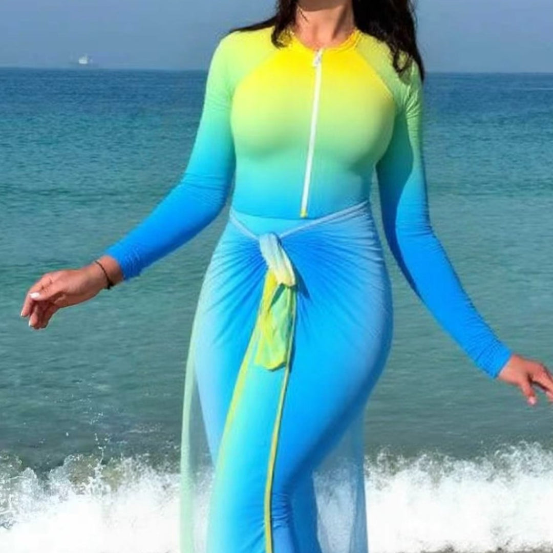 Damen sportlicher Langarm-Schwimmanzug mit Reißverschluss und Wickeloptik EB