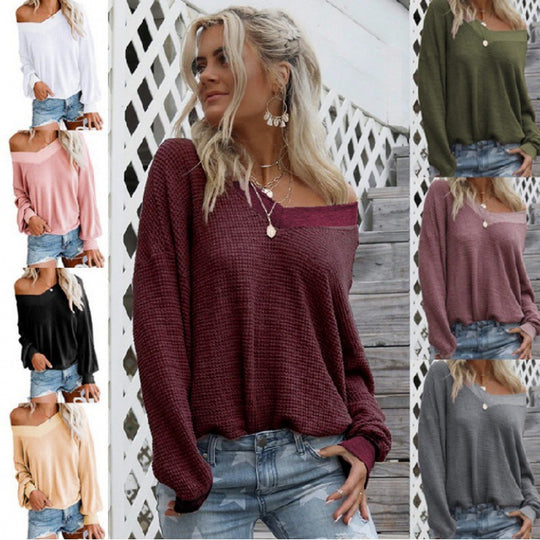 Damen Off‑Shoulder Waffelstrickpullover mit weitem Arm und elastischen Bündchen EB