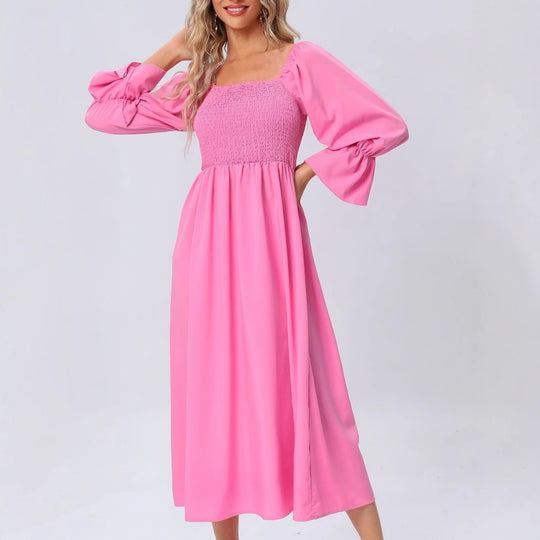 Damen Midikleid mit elastischen Puffärmeln und romantischem Taillenzug EB