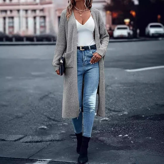 Damen Strickmantel mit langen Ärmeln und praktischen Taschen EB