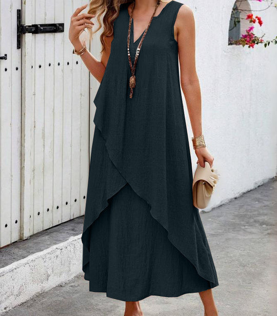 Damen Lässiges Maxikleid mit überlappendem Volant und modernem V-Ausschnitt EB