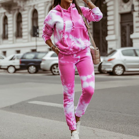 Damen lässiges Kapuzen-Sweatpants-Set im Batikdesign EB