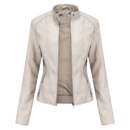 Damen nan taillierte Kunstleder Bikerjacke mit Stehkragen EB