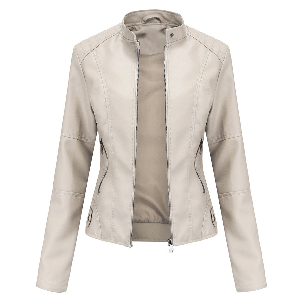 Damen nan taillierte Kunstlederjacke mit Stehkragen und durchgehendem Reißverschluss EB