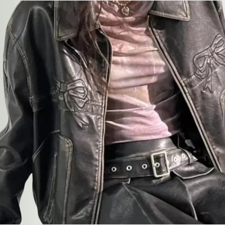 Damen lässige Kunstlederjacke mit verspielten Schleifendetails EB