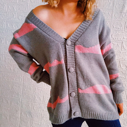 Damen gestreifte Strickjacke mit Knopfverschluss und weitem Schnitt EB