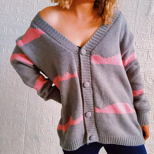 Damen gestreifte Strickjacke mit Knopfverschluss und weitem Schnitt EB