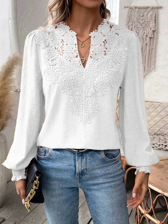 Damen nan Spitzenapplikation V-Ausschnitt Bluse mit Strukturpunkt, gerafften Manschetten und leicht taillierter Silhouette EB