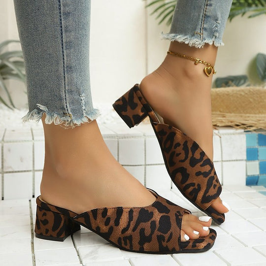 Damen Modische Mules mit Leopardenmuster und Blockabsatz EB