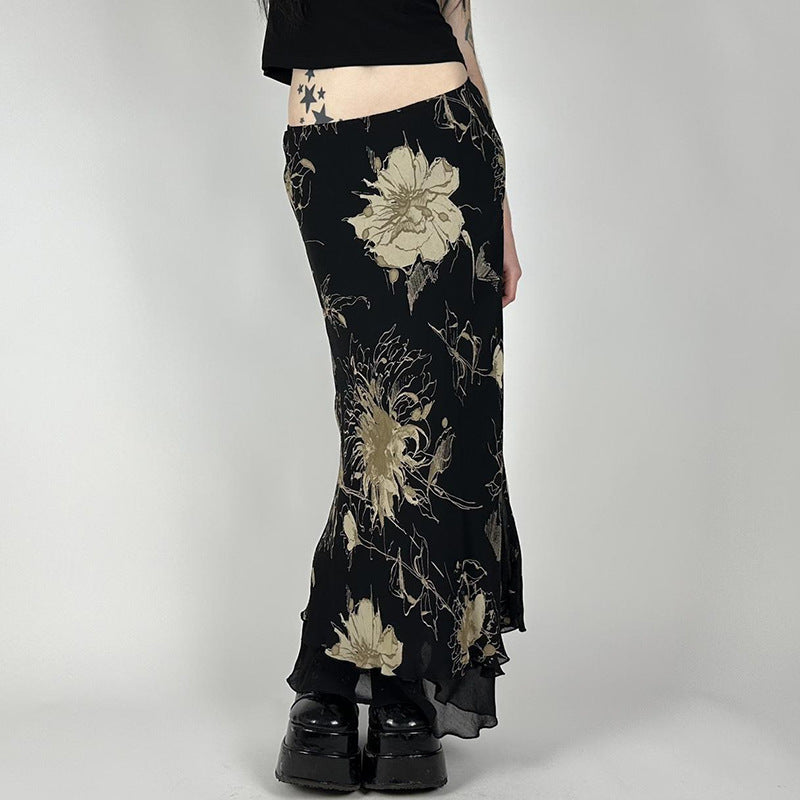 Damen Eleganter Maxirock mit floralem Muster und transparentem Untergrund EB