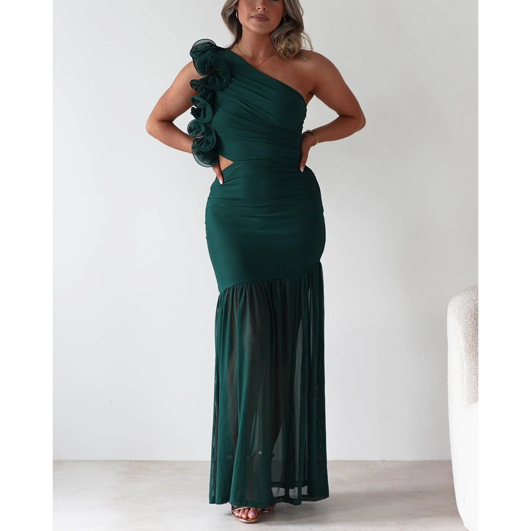 Damen Maxikleid mit asymmetrischem Schnitt und romantischen Rüschendetails EB