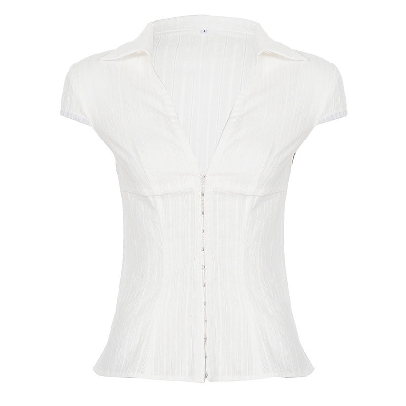 Damen Elegantes kurzärmliges Blusenshirt mit schickem Stehkragen und Reißverschluss EB