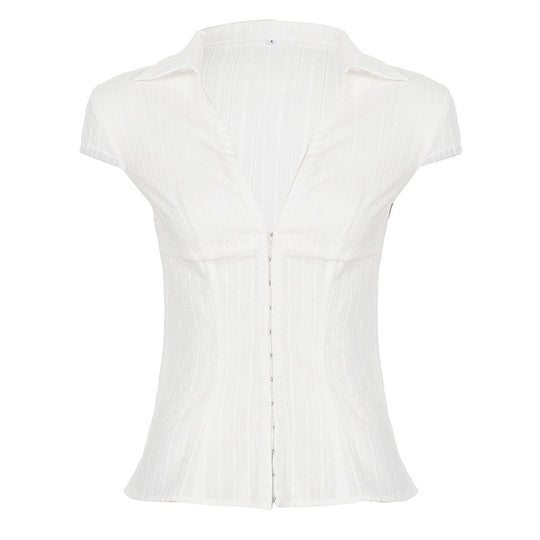Damen Elegantes kurzärmliges Blusenshirt mit schickem Stehkragen und Reißverschluss EB
