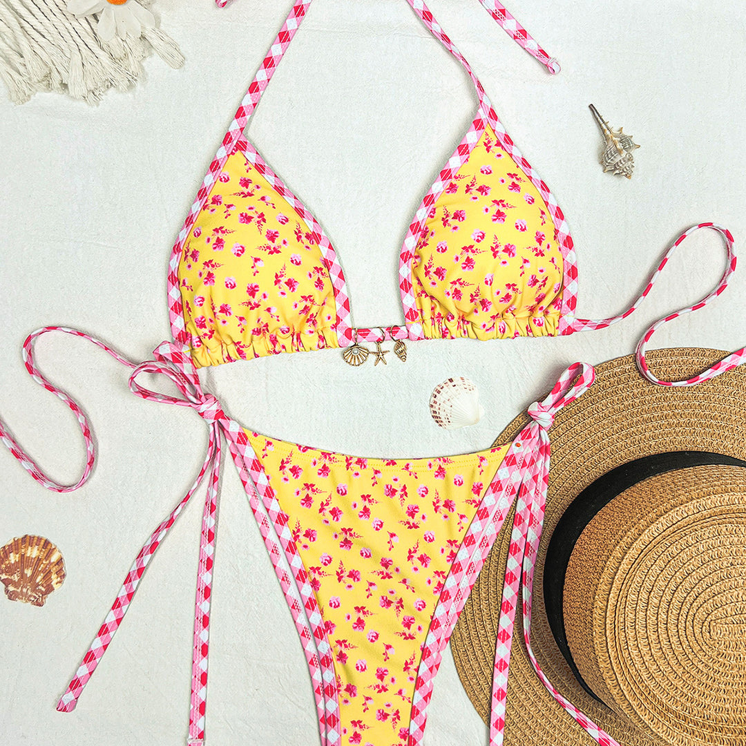 Damen Triangel-Bikini mit floralem Design und Rüsche EB