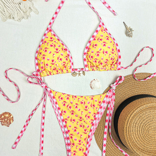 Damen Triangel-Bikini mit floralem Design und Rüsche EB