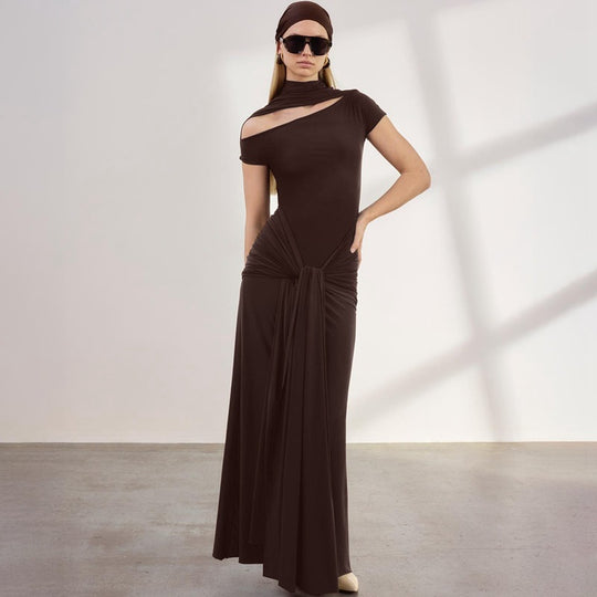 Damen Elegantes Langarm-Maxikleid mit raffiniertem Knotendesign EB
