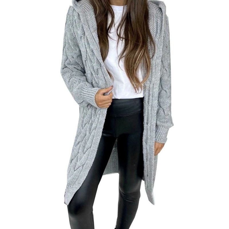 Damen lange Strickjacke mit Kapuze und Zopfdesign EB