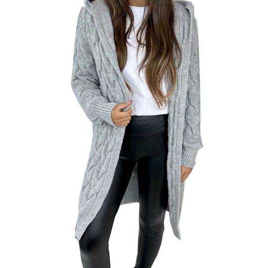 Damen lange Strickjacke mit Kapuze und Zopfdesign EB
