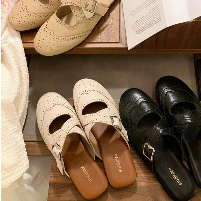 Damen elegante Slip-On Sandalen mit modischem Schnallenverschluss und perforierter Oberfläche EB