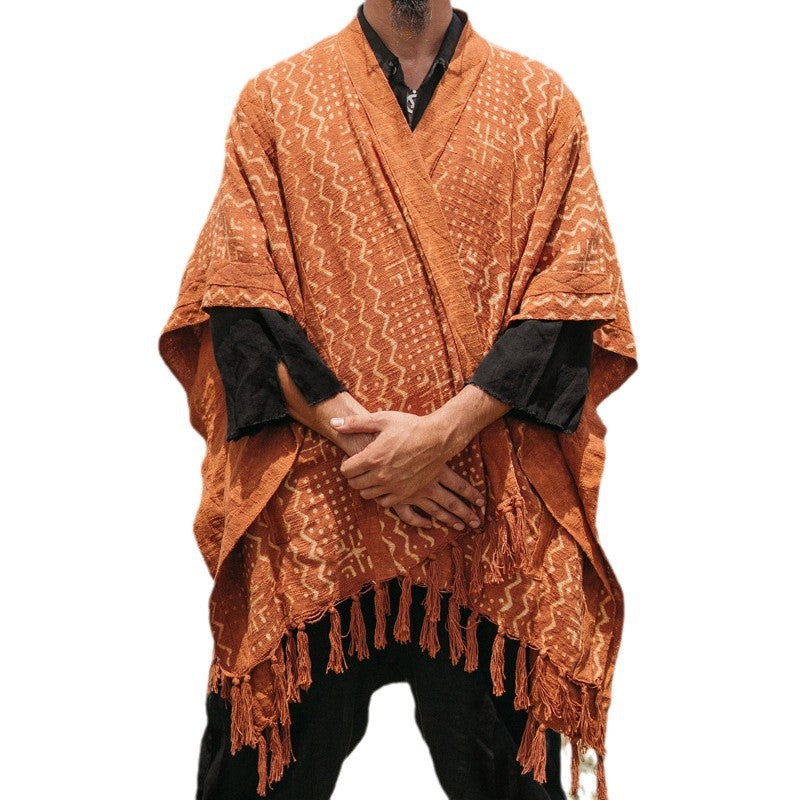 Herren lässiger Poncho mit einzigartigem Mustermix und Fransen EB