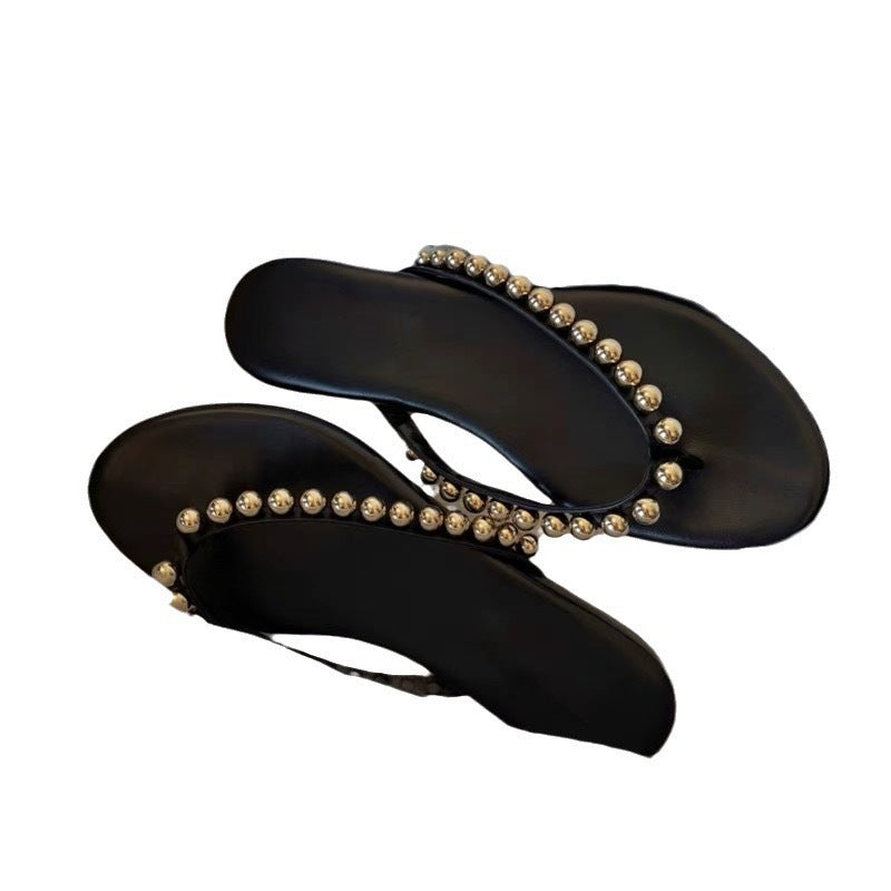 Damen Zehentrenner Sandalen mit dekorativen Perlendetails und komfortablem Fußbett EB