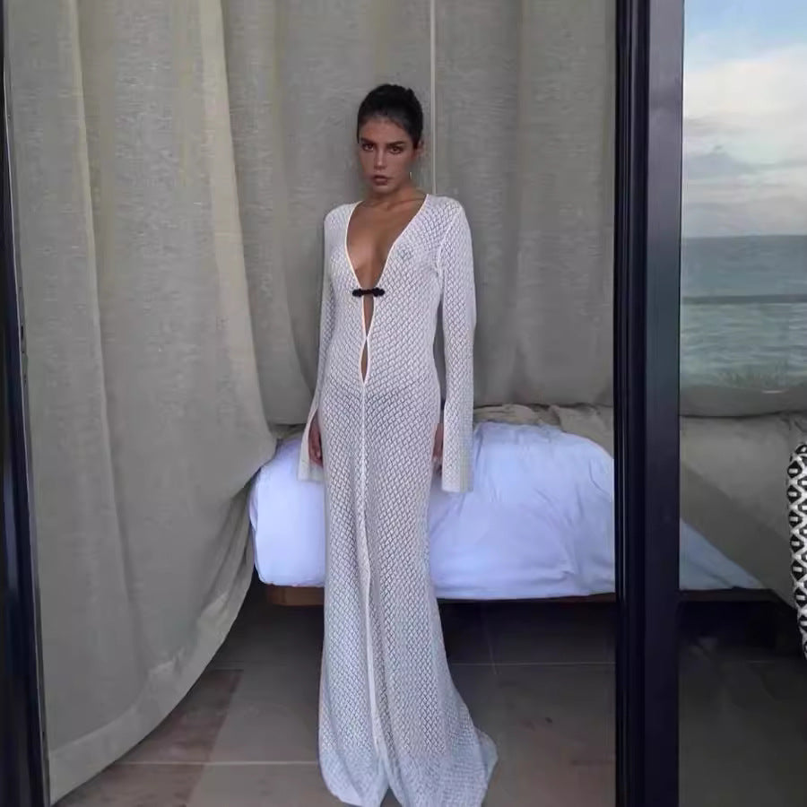 Damen Luxuriöses Netzkleid mit tiefem V-Ausschnitt und langen Ärmeln EB