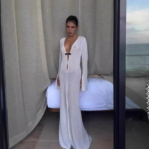 Damen Luxuriöses Netzkleid mit tiefem V-Ausschnitt und langen Ärmeln EB