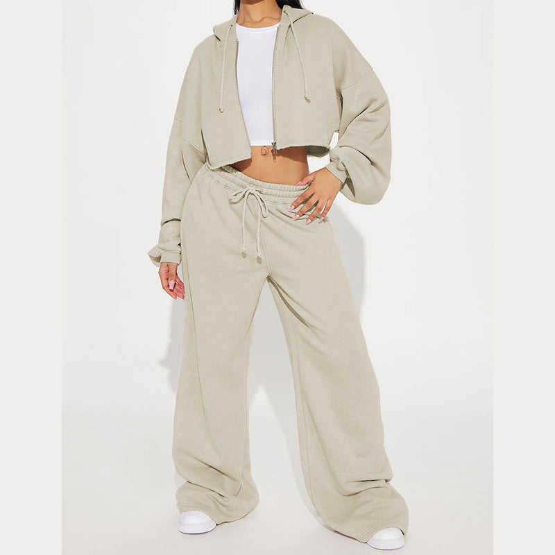 Damen nan Kapuzen-Crop-Top und weite Jogginghose Lounge-Set aus weichem Fleece EB
