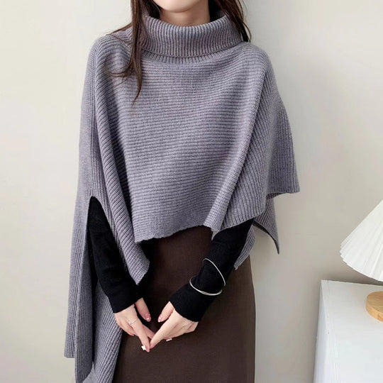 Damen Strickponcho mit hochgeschlossenem Kragen und eleganter Rippstruktur EB