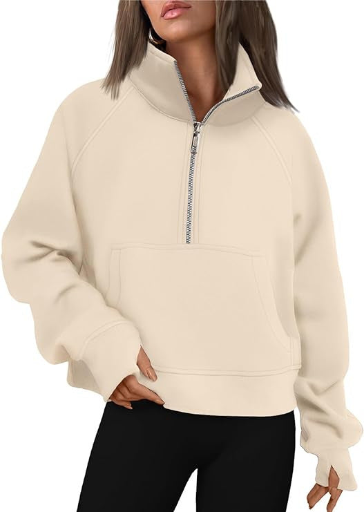 Damen nan cropped Halbzip-Sweatshirt mit hohem Stehkragen, Kängurutasche und überschnittener Schulter EB